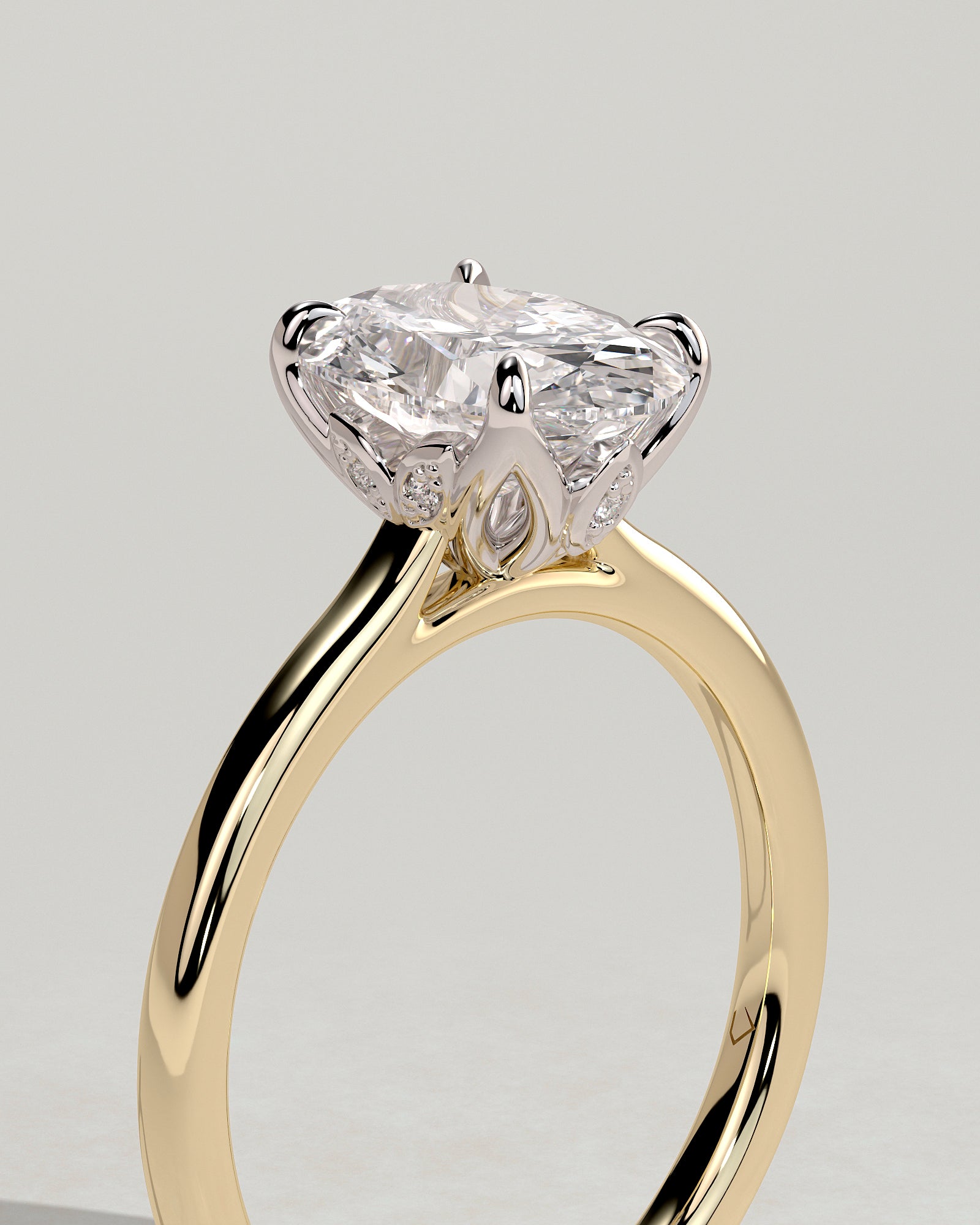 Erica - Oval Claw Solitaire with Petal Gallery, Accent Leaf Detail and Cathedral Setting Engagement Ring - Yellow Two-Tone - Yellow Two-Tone 2ct