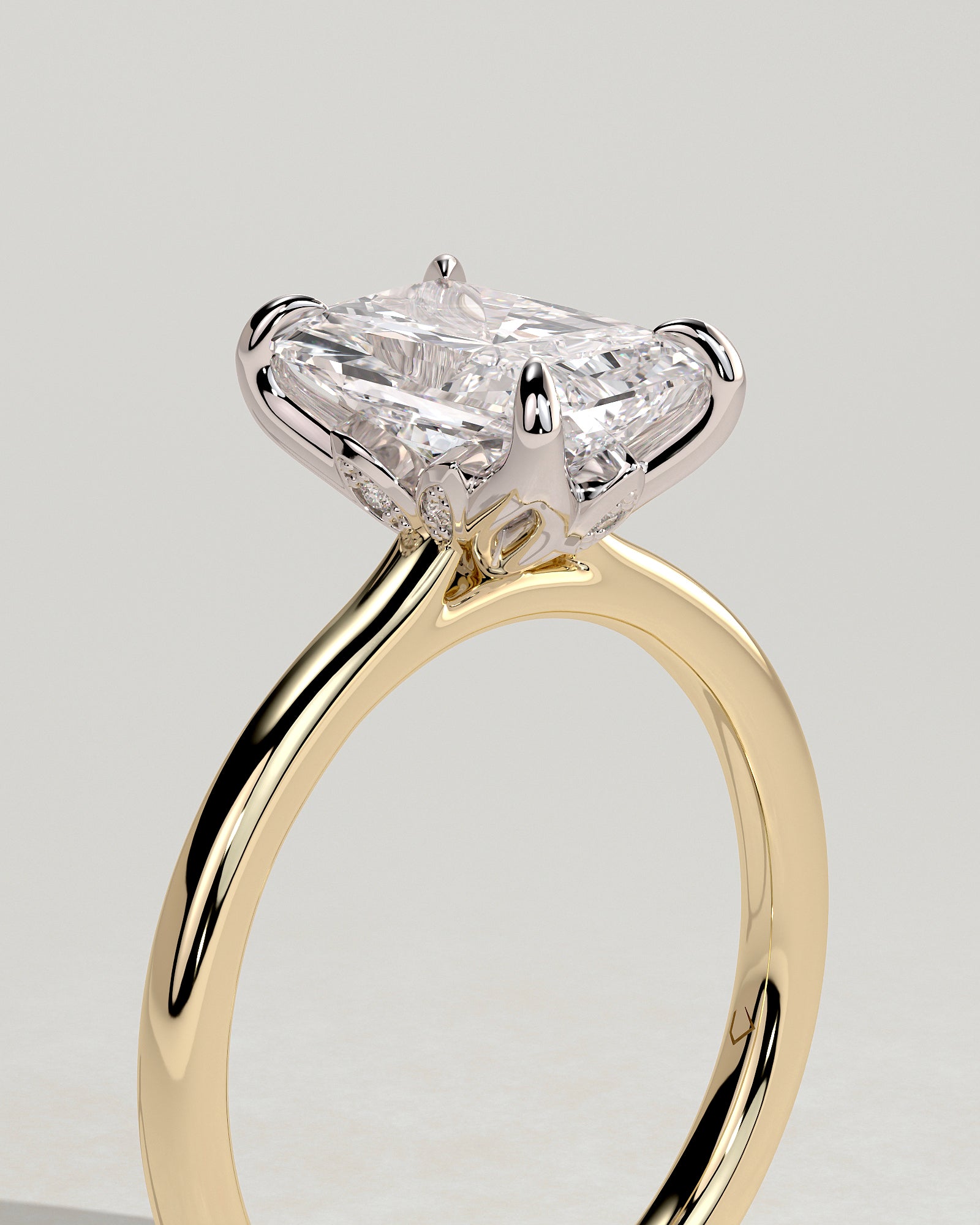 Harriet - Radiant Claw Solitaire with Petal Gallery, Accent Leaf Detail and Cathedral Setting Engagement Ring - Yellow Two-Tone - Yellow Two-Tone 2ct