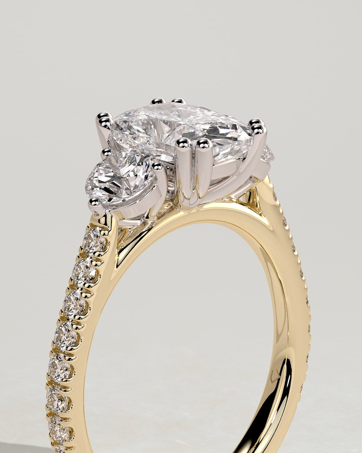 Meghan - Elongated Cushion Double Claw Trilogy with Round Side Stones, Pave Band and Cathedral Setting Engagement Ring - Yellow Two-Tone