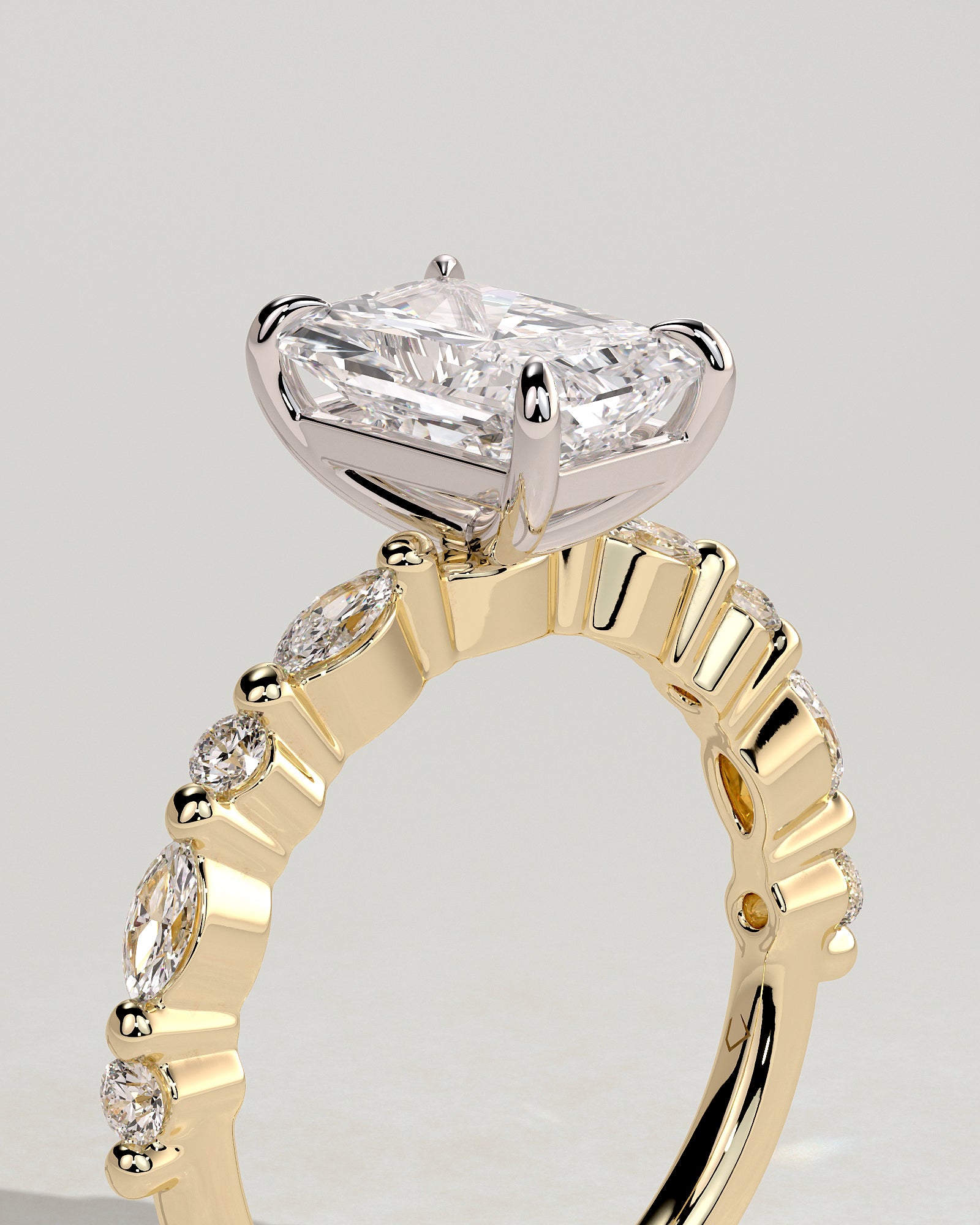 Dayna - Radiant Claw Solitaire with Marquise and Round Accent Stones Engagement Ring - Yellow Two-Tone - Yellow Two-Tone 2ct