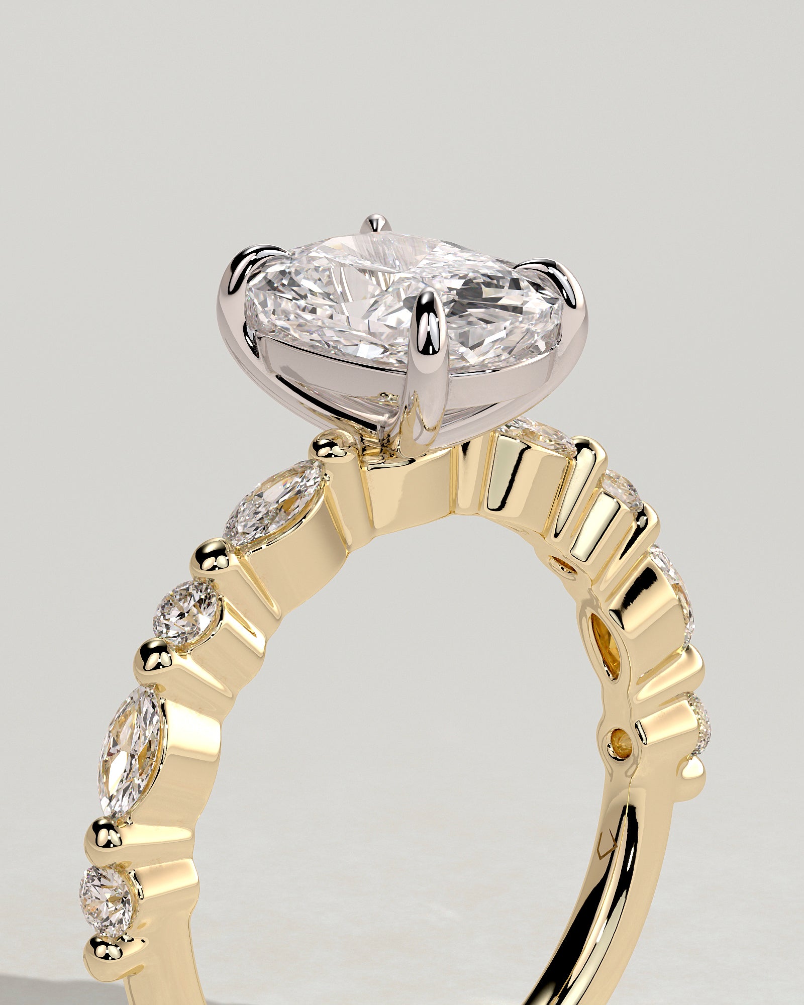 Delphine - Elongated Cushion Claw Solitaire with Marquise and Round Accent Stones Engagement Ring - Yellow Two-Tone - Yellow Two-Tone 2ct