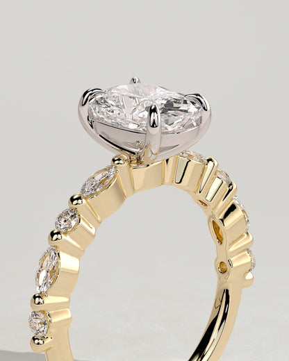Delphine - Elongated Cushion Claw Solitaire with Marquise and Round Accent Stones Engagement Ring - Yellow Two-Tone