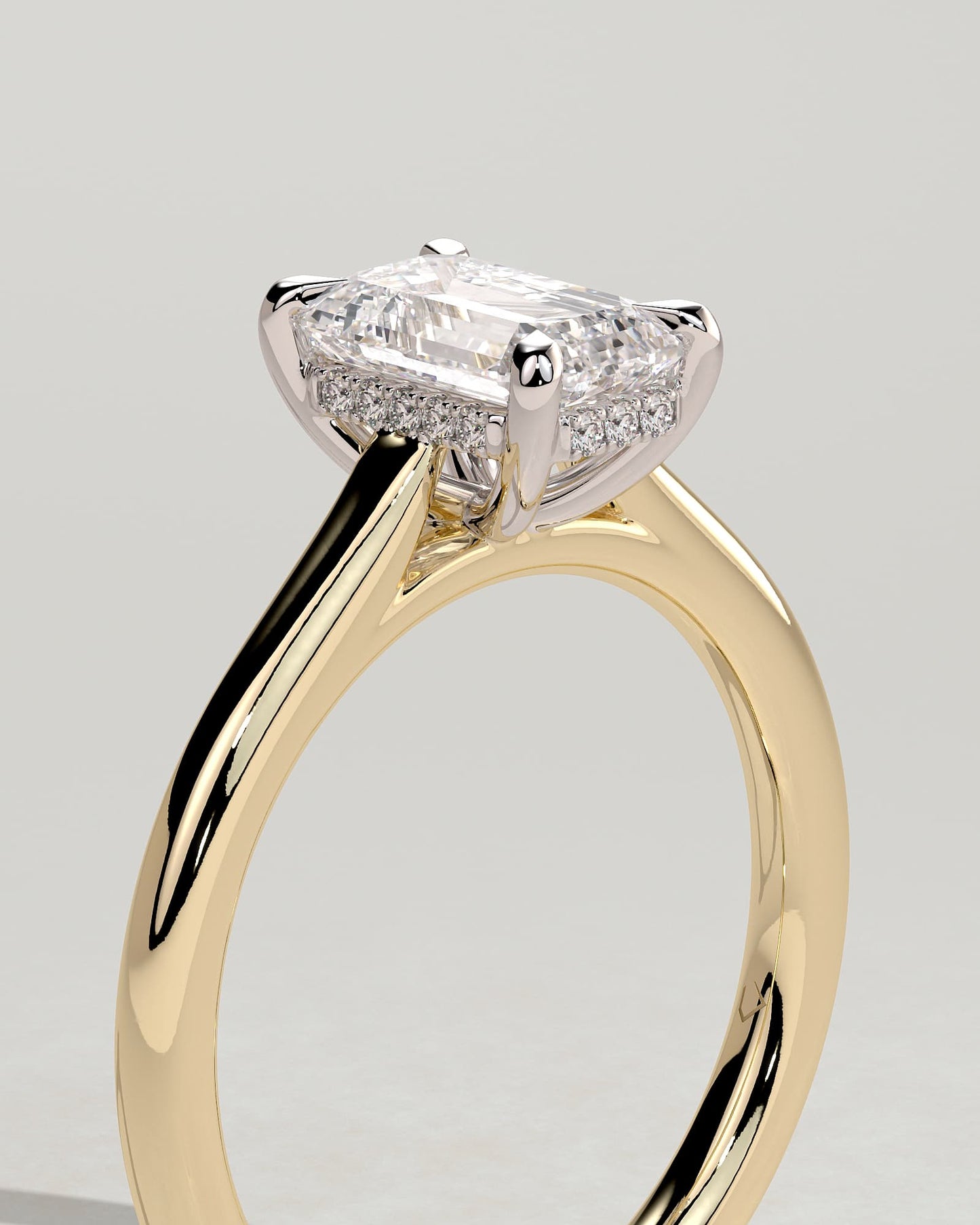 Jane - Emerald Claw Solitaire with Hidden Halo and Cathedral High Setting Engagement Ring - Yellow Two-Tone