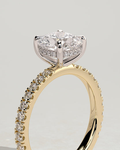 Claudia - Cushion Claw Solitaire with Hidden Halo and Pave Band Engagement Ring - Yellow Two-Tone