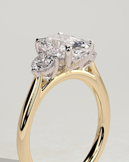 Charmaine - Elongated Cushion Claw Trilogy with Round Side Stones and Lily Detail Engagement Ring - Yellow Two-Tone