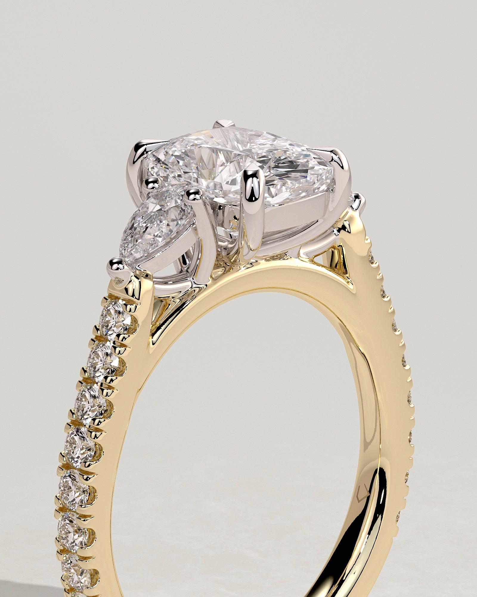Bree - Elongated Cushion Claw Trilogy with Pear Side Stones and Pave Band Engagement Ring - Yellow Two-Tone - Yellow Two-Tone 2ct