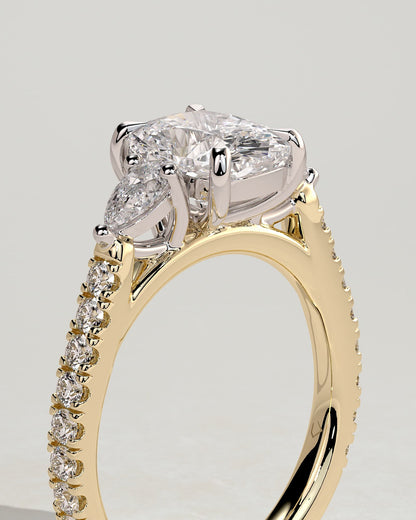 Bree - Elongated Cushion Claw Trilogy with Pear Side Stones and Pave Band Engagement Ring - Yellow Two-Tone