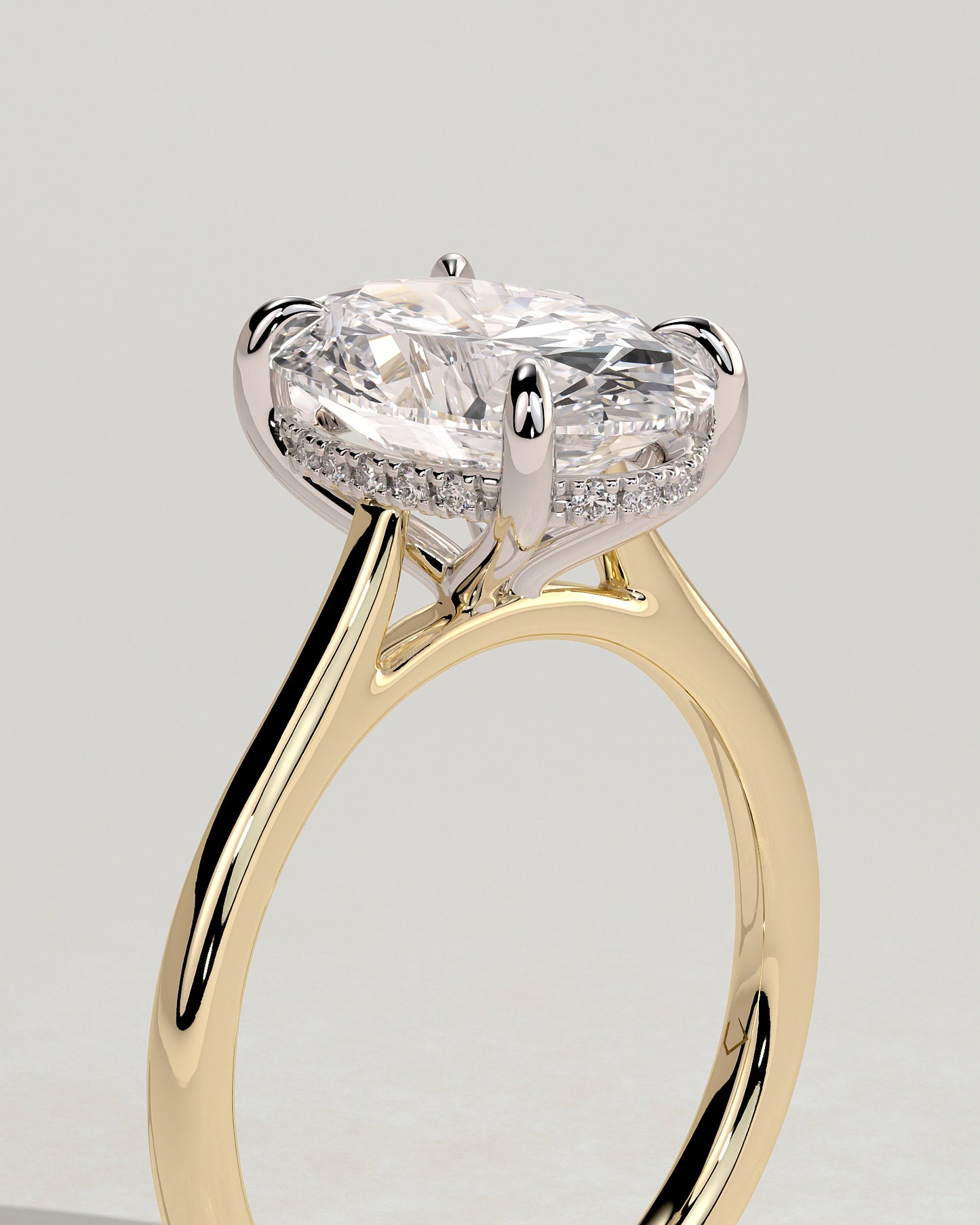 Bethany - Oval Claw Solitaire with Hidden Halo, Tapered Band and Cathedral High Setting Engagement Ring - Yellow Two-Tone - Yellow Two-Tone 2ct