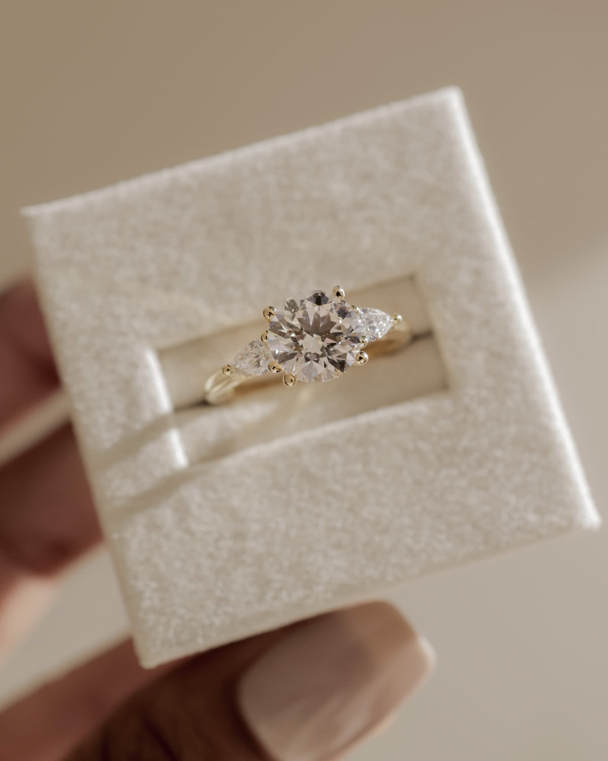 Adelyn - Round Claw Trilogy with Pear Side Stones and Open Trellis Gallery Engagement Ring - Yellow Gold