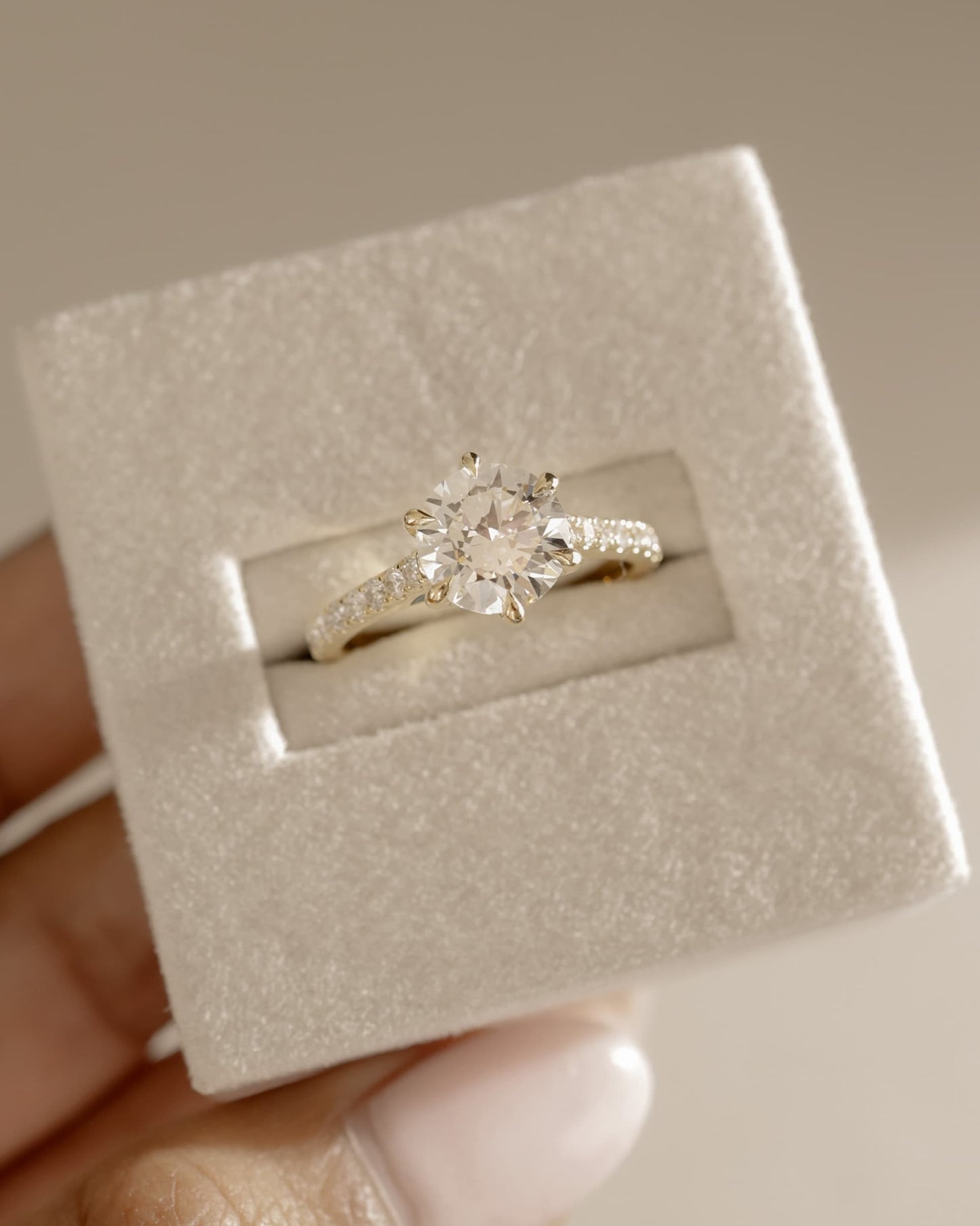 Briar - Round Claw Solitaire with Trellis Gallery, Pave Band and Cathedral Low Setting Engagement Ring - Yellow Gold