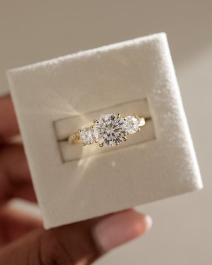Jaylene - Round Claw Trilogy with Round Side Stones, Twisted Pave Band and Trellis Gallery Engagement Ring - Yellow Gold