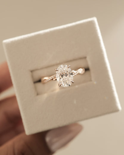 Lara - Oval Claw Solitaire with Hidden Halo and Twisted Alternating Pave Band Engagement Ring - Platinum