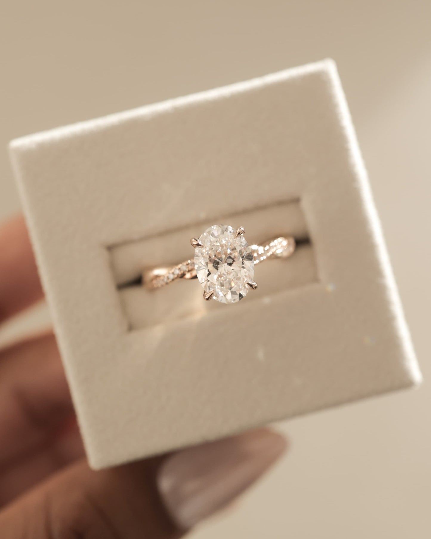 Lara - Oval Claw Solitaire with Hidden Halo and Twisted Alternating Pave Band Engagement Ring - Rose Gold