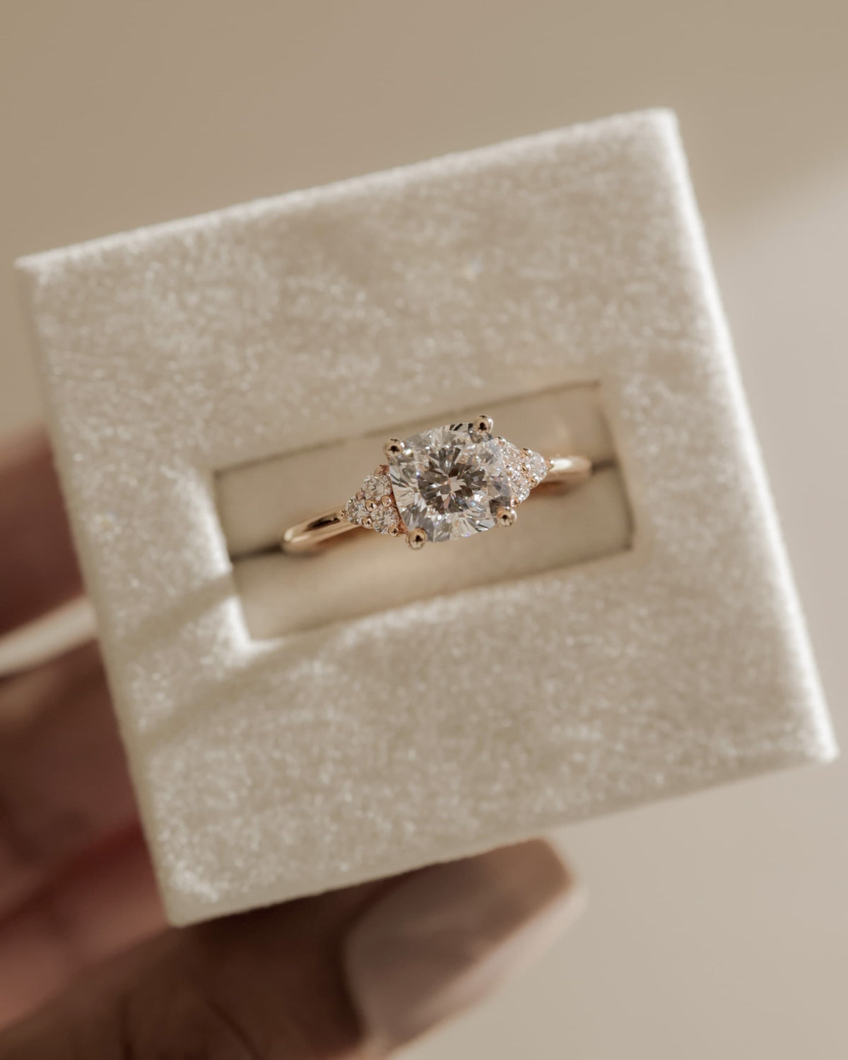 Lena - Cushion Claw Solitaire with Round Shoulder Stones Engagement Ring - Yellow Gold