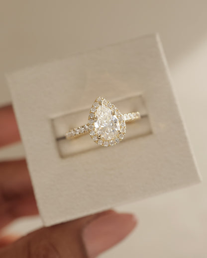 Madeline - Pear Claw Solitaire with Halo and Pave Band and Cathedral High Setting Engagement Ring - Rose Gold