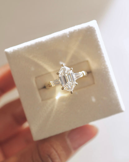 Myrtle - Elongated Hexagon Claw Trilogy with Tapered Baguette Side Stones and Cathedral Setting Engagement Ring - Yellow Gold