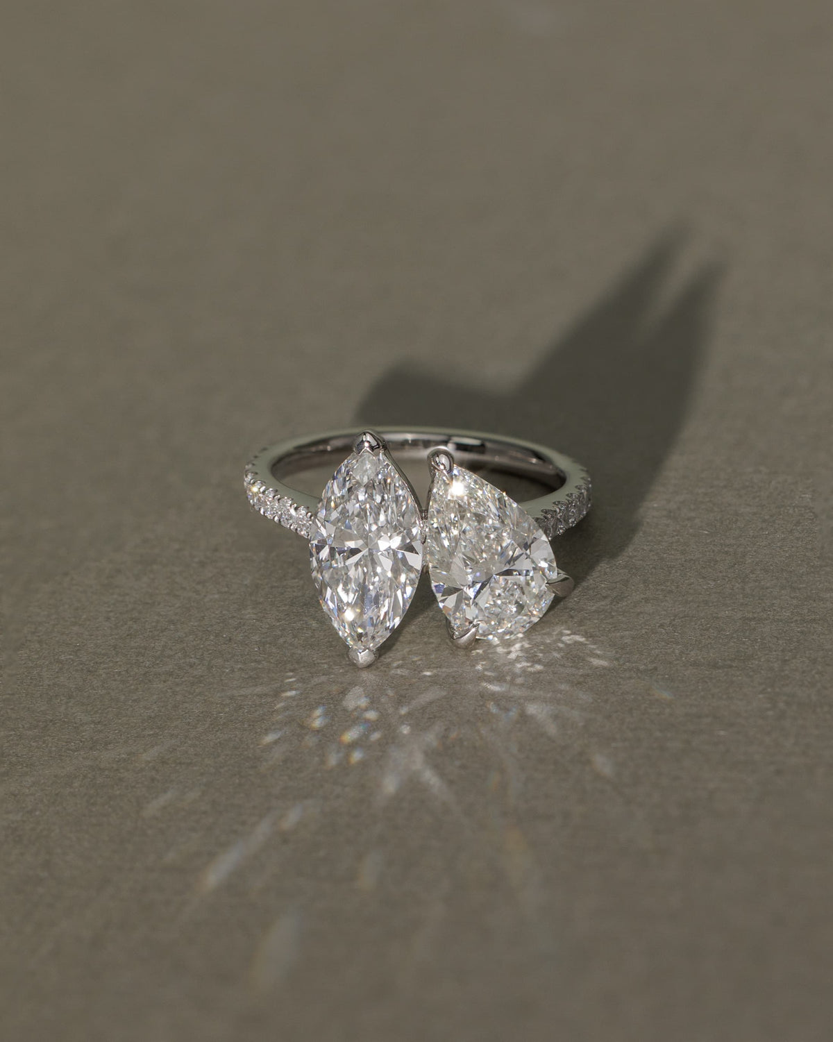 Noa - Marquise and Pear Claw Toi et Moi with Pave Band and Cathedral High Setting Engagement Ring - Yellow Gold