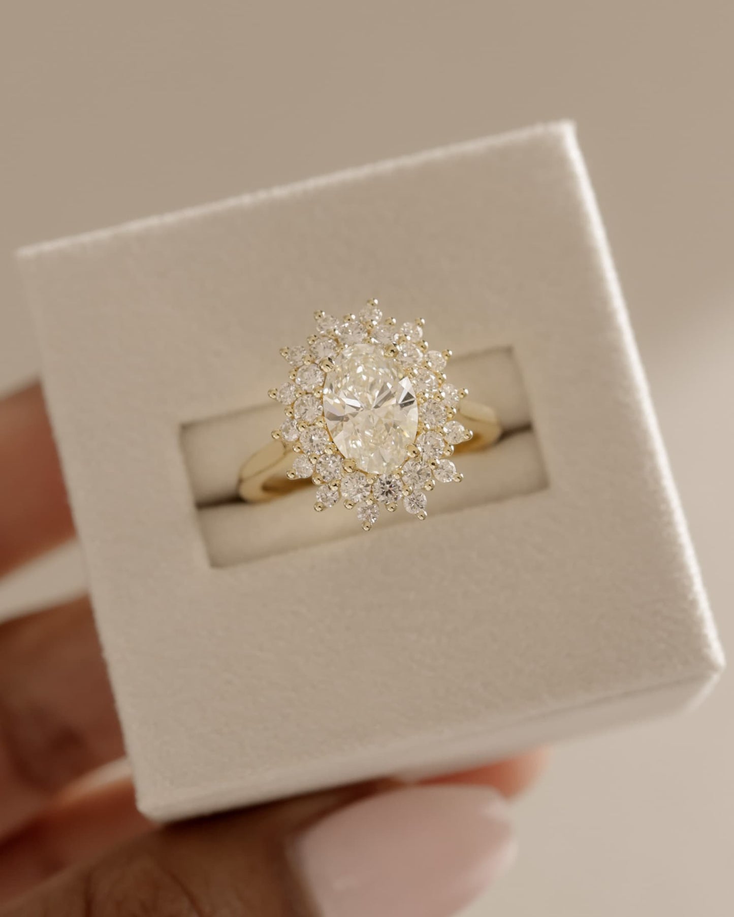 Savannah - Oval Claw Solitaire with Double Sunburst Halo and Cathedral High Setting Engagement Ring - Yellow Gold