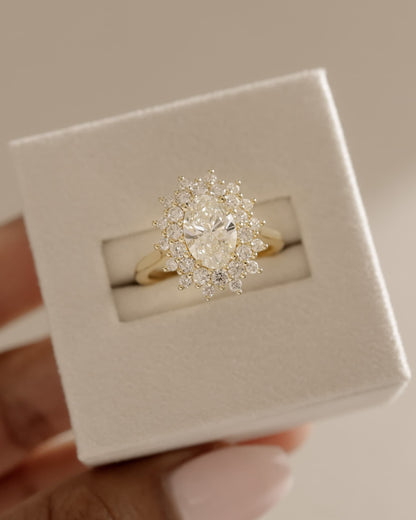 Savannah - Oval Claw Solitaire with Double Sunburst Halo and Cathedral High Setting Engagement Ring - Rose Gold