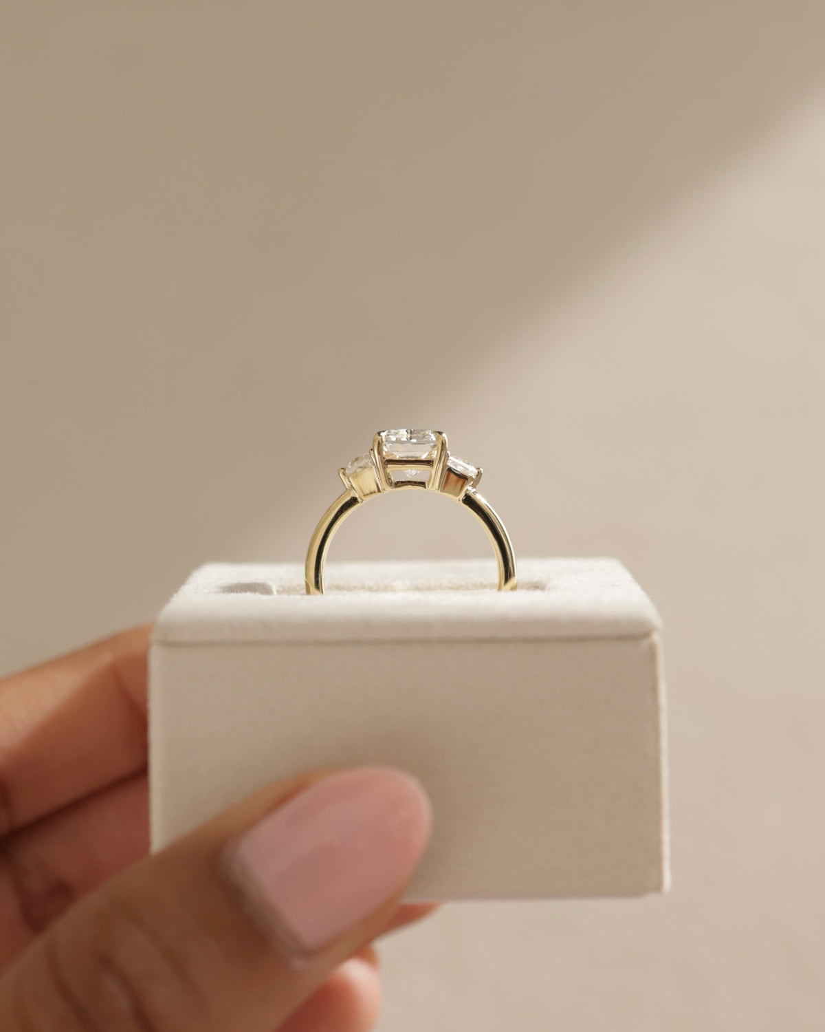 Juliette - Radiant Claw Trilogy with Trapezoid Side Stones and Low Setting Engagement Ring - Yellow Gold