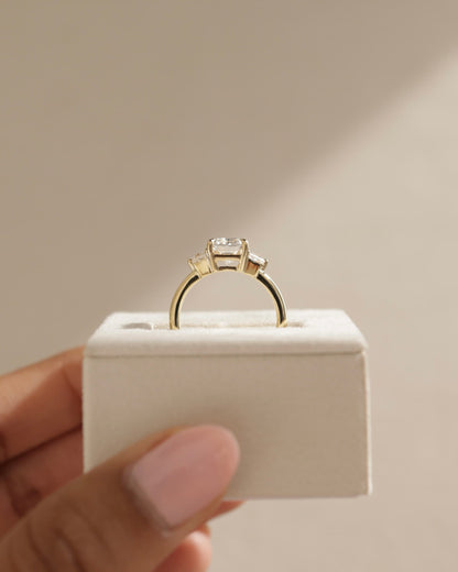 Juliette - Radiant Claw Trilogy with Trapezoid Side Stones and Low Setting Engagement Ring - Yellow Gold