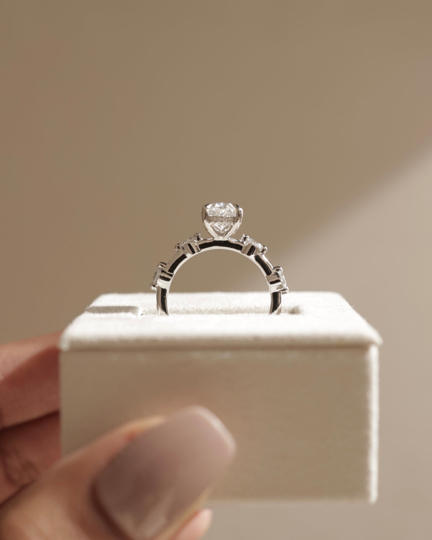 Arwen - Oval Claw Solitaire with 4 Spaced Round Accent Stones and Hidden Halo Engagement Ring - Platinum - Lifestyle