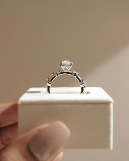 Arwen - Oval Claw Solitaire with 4 Spaced Round Accent Stones and Hidden Halo Engagement Ring - Rose Gold