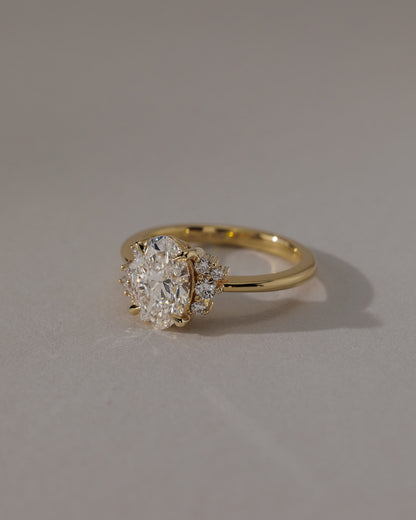Esther - Oval Claw Solitaire with Clustered Round Opposing Shoulder Stones Engagement Ring - Platinum