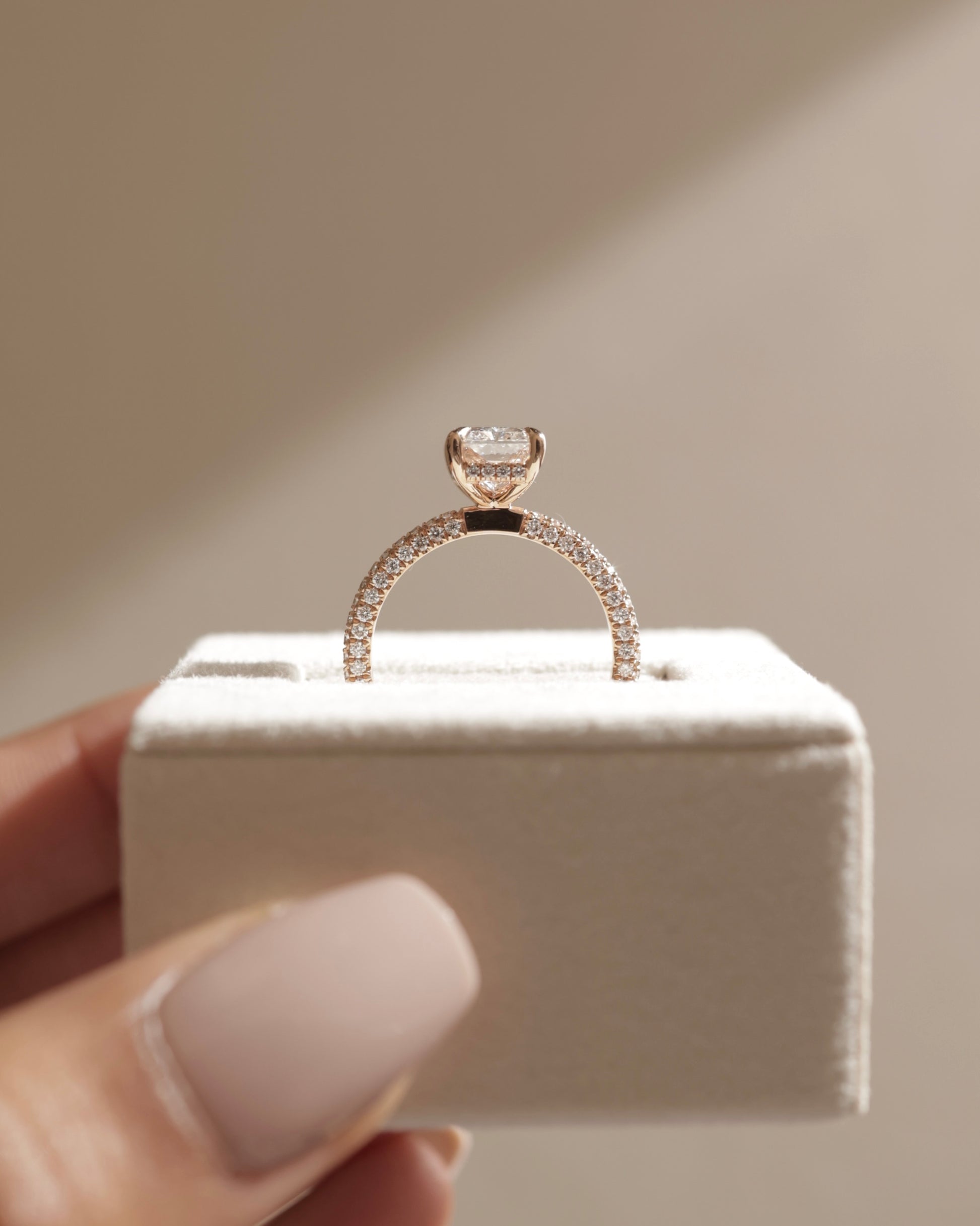 Irene - Radiant Claw Solitaire with Hidden Halo and Triple Pave Band Engagement Ring - Platinum - Lifestyle