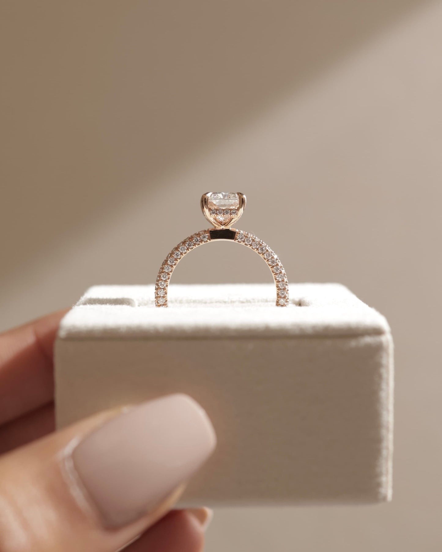 Irene - Radiant Claw Solitaire with Hidden Halo and Triple Pave Band Engagement Ring - Yellow Gold