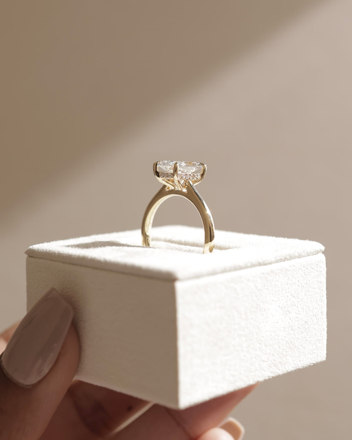 Ari - Radiant Claw Solitaire with Hidden Halo, Tapered Band and Cathedral High Setting Engagement Ring - Yellow Gold - yellow gold - Lara Jewels