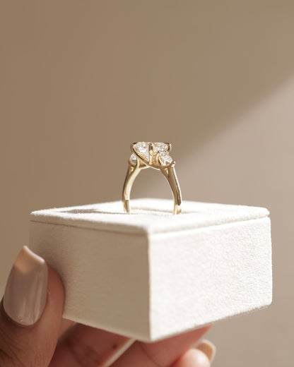Selena - Cushion Claw Trilogy with Pear Side Stones and Open Trellis Gallery Engagement Ring - Rose Gold