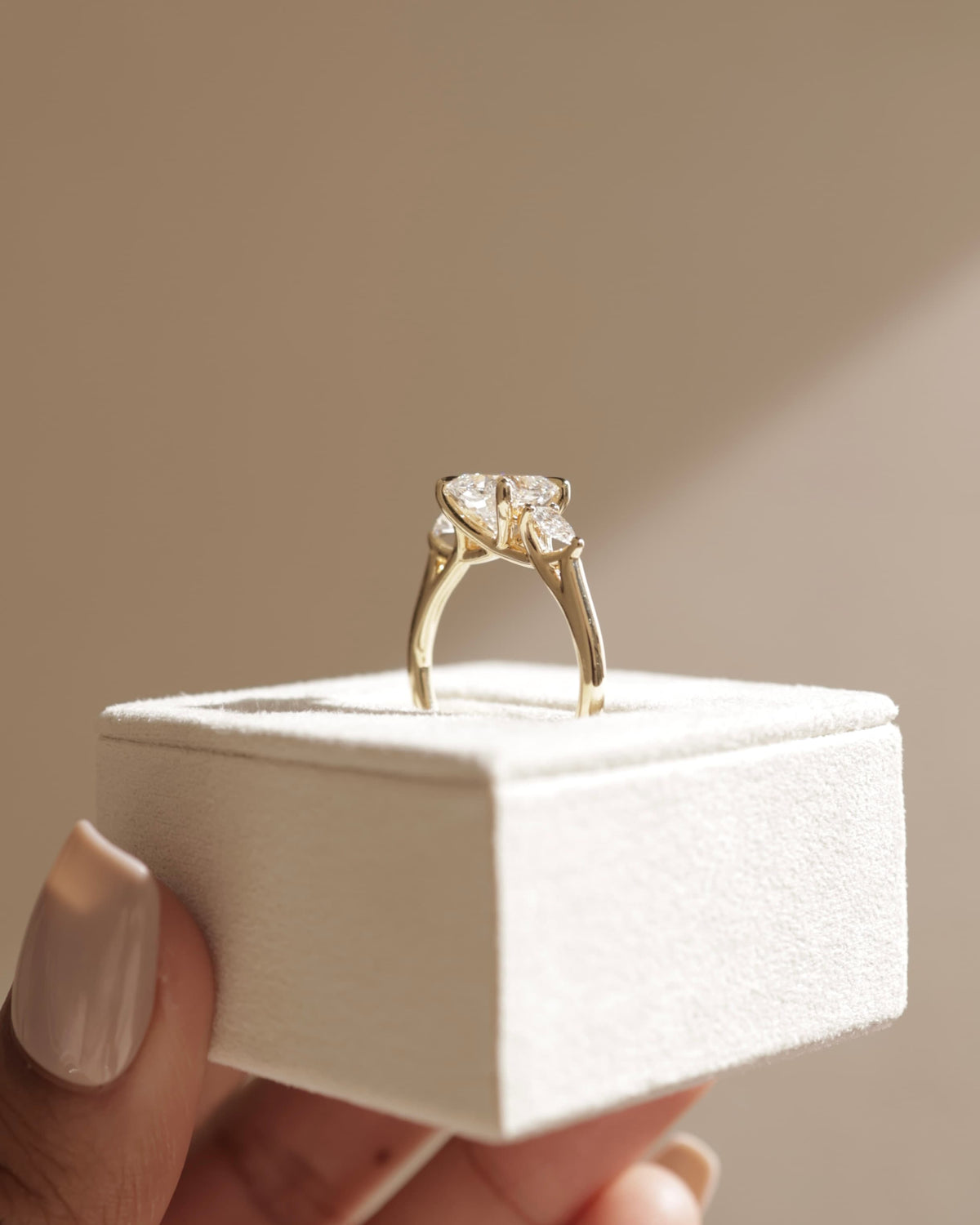 Selena - Cushion Claw Trilogy with Pear Side Stones and Open Trellis Gallery Engagement Ring - Yellow Gold