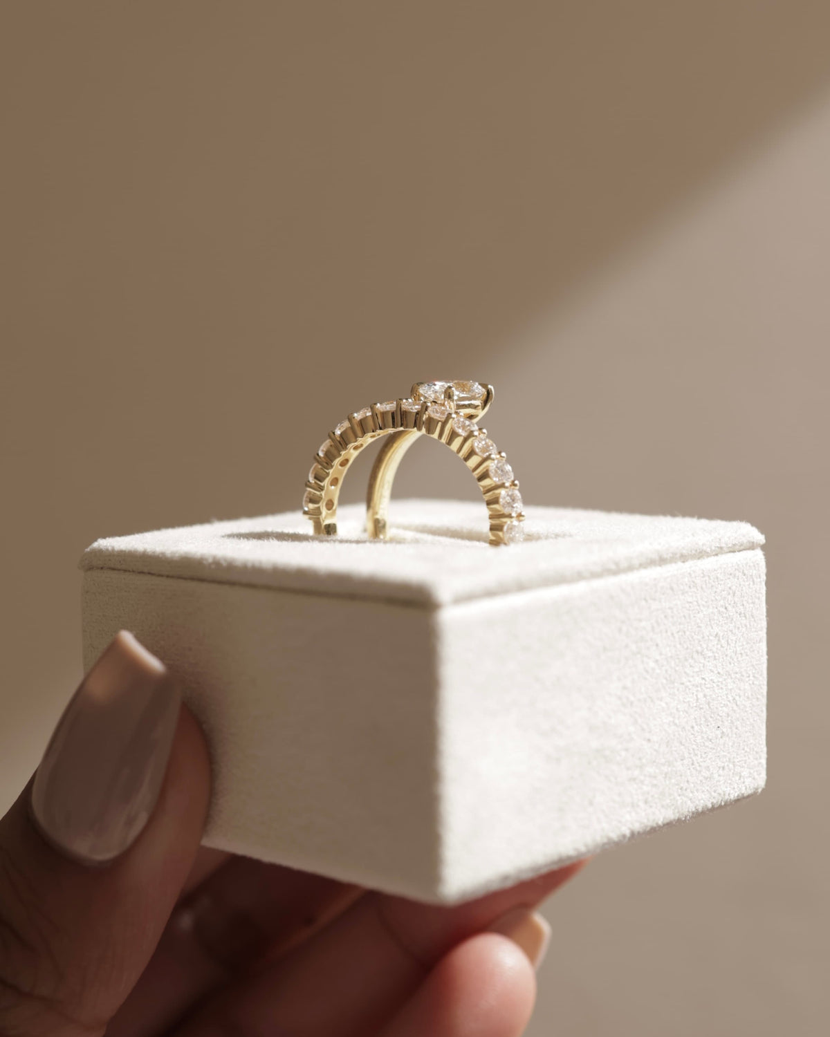 Sevela - Oval Claw Solitaire with Angled Pave Band-and-a-Half Engagement Ring - White Gold
