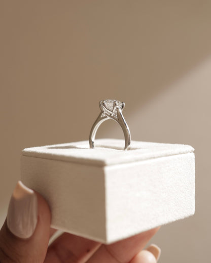 Zya - Round Claw Solitaire with Trellis Gallery, Lattice Detail and Cathedral Low Setting Engagement Ring - White Gold