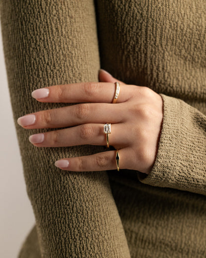 Evelyn - Emerald East West Claw Solitaire with Raised Basket Gallery Engagement Ring - Yellow Gold