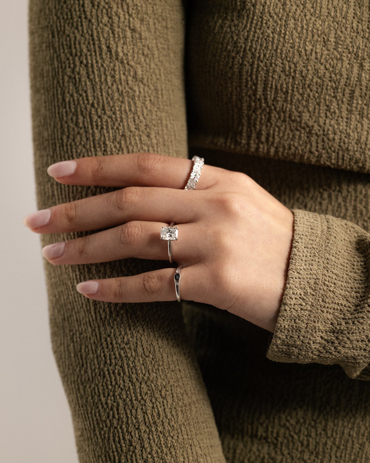 Kelsey - Elongated Cushion Claw Solitaire with Cathedral Low Setting and Open Trellis Gallery Engagement Ring - White Gold