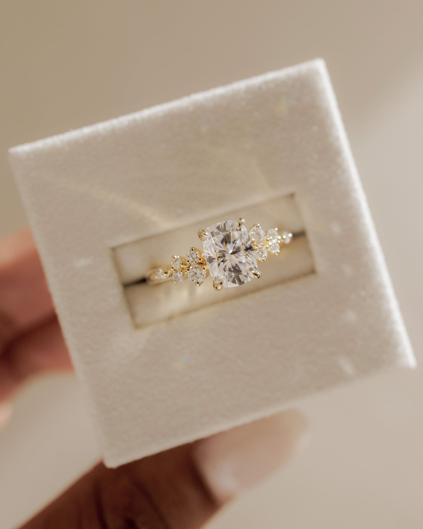 Winnie - Elongated Cushion Claw Solitaire with Clustered Round Shoulder Stones Engagement Ring - Yellow Gold