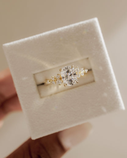 Winnie - Elongated Cushion Claw Solitaire with Clustered Round Shoulder Stones Engagement Ring - Yellow Gold