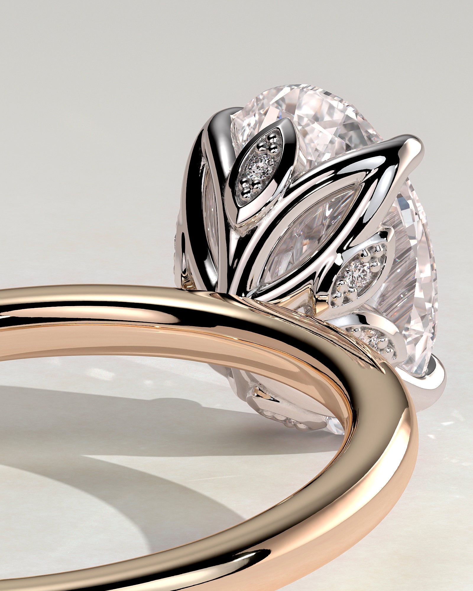 Aurelie - Oval Claw Solitaire with Petal Gallery and Accent Leaf Detail Engagement Ring - Rose Two-Tone - Rose Two-Tone 2ct