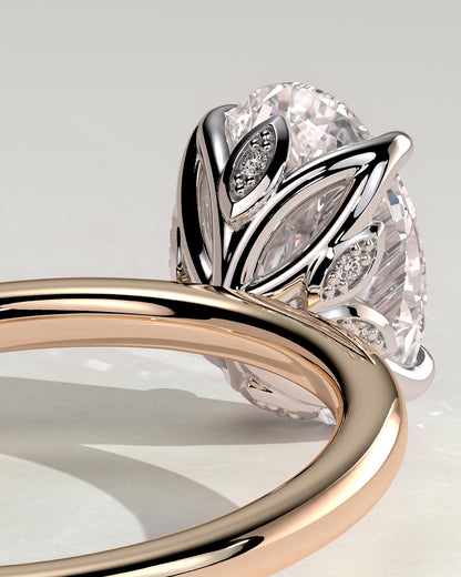 Aurelie - Oval Claw Solitaire with Petal Gallery and Accent Leaf Detail Engagement Ring - Rose Two-Tone