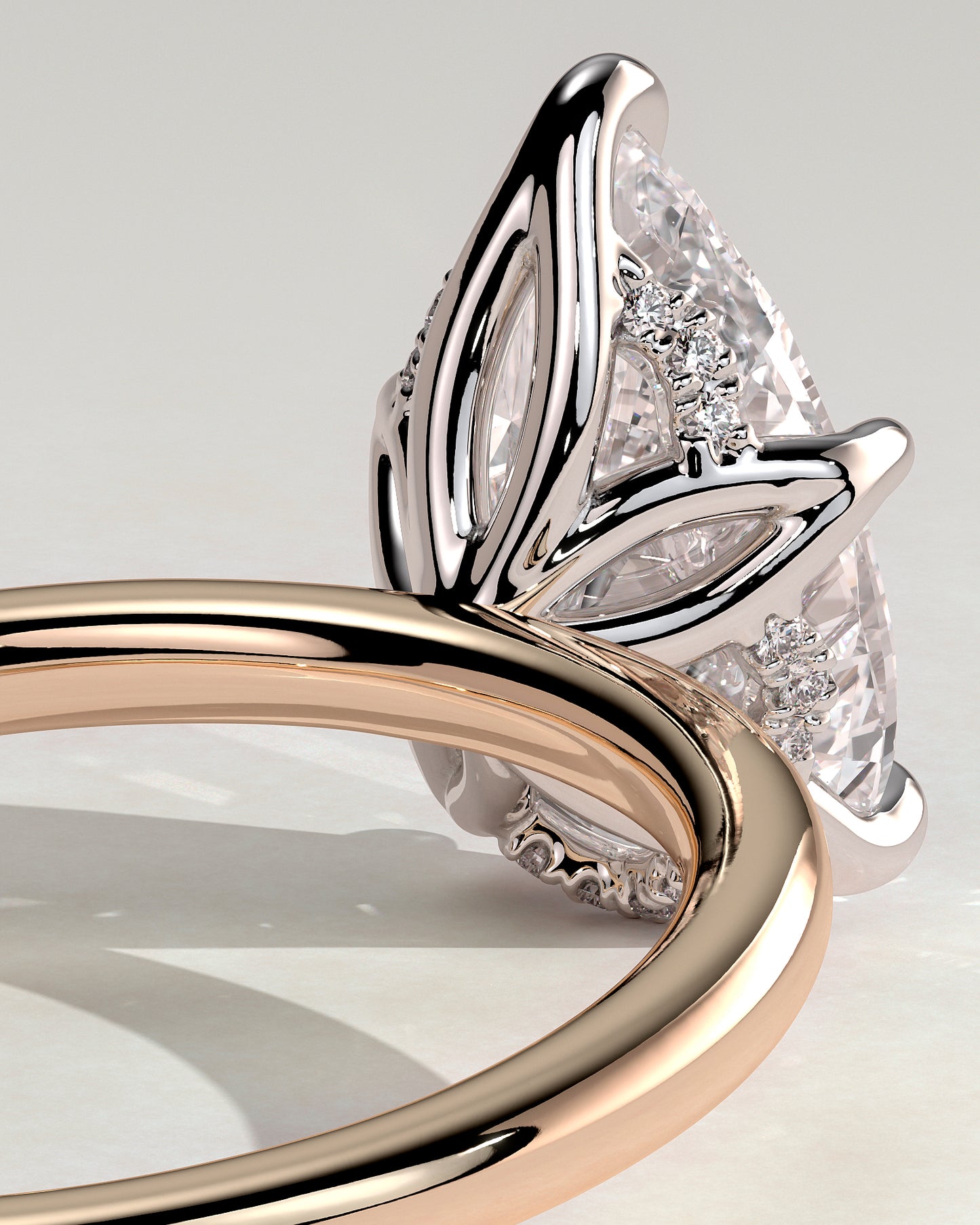 Blossom - Pear Claw Solitaire with Petal Gallery and Accented Tiara Detail Engagement Ring - Rose Two-Tone - Rose Two-Tone 2ct
