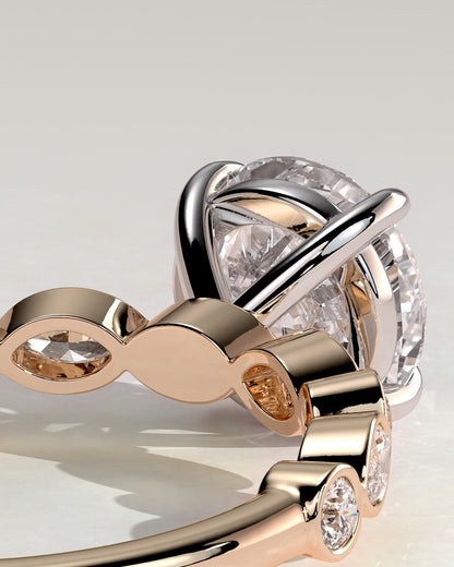 Cartia - Round Claw Solitaire with Round-Marquise Bezel Accent Stones Engagement Ring - Rose Two-Tone