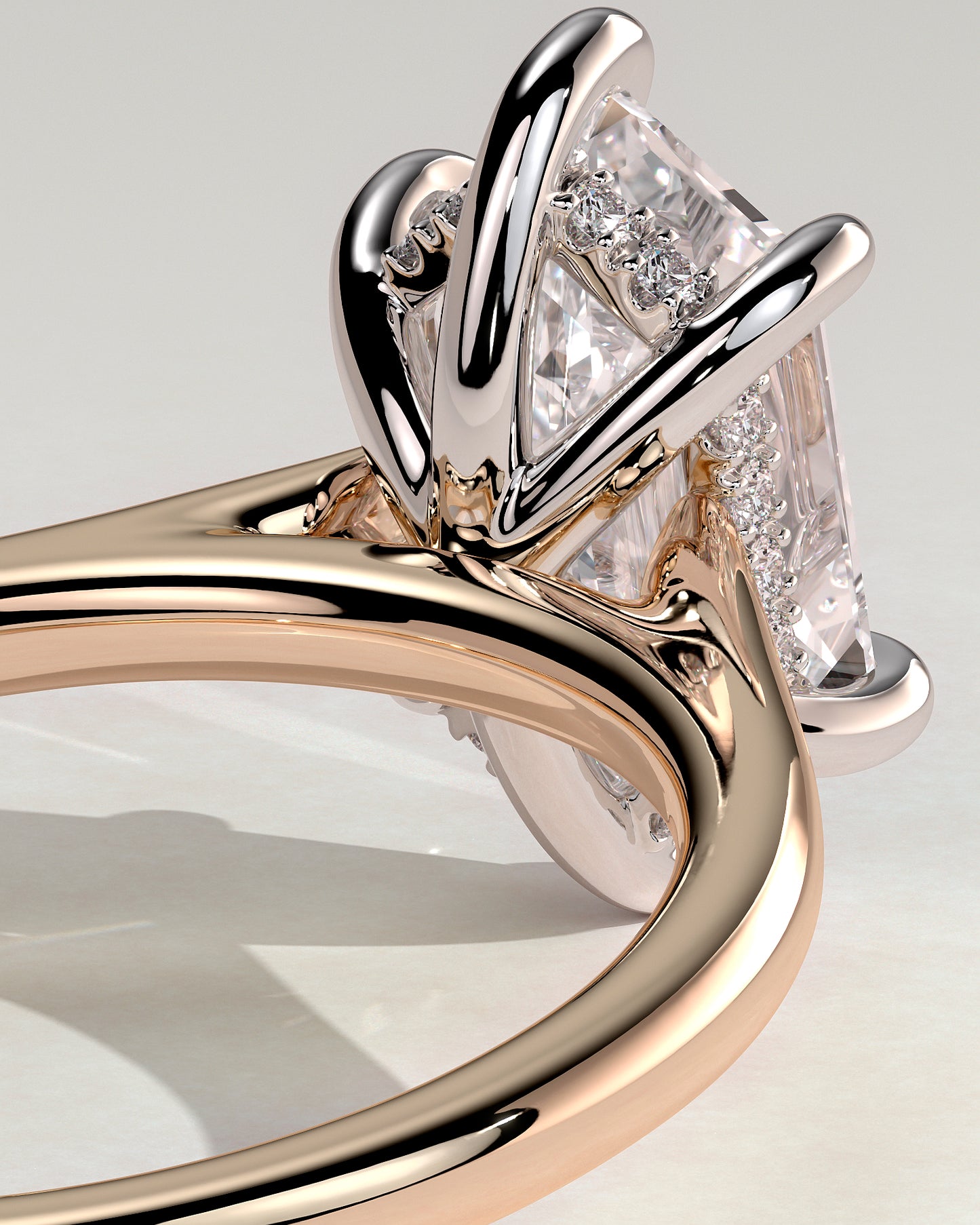Anastasia - Elongated Hexagon Claw Solitaire with Hidden Halo and Cathedral High Setting Engagement Ring - Rose Two-Tone - Rose Two-Tone 2ct