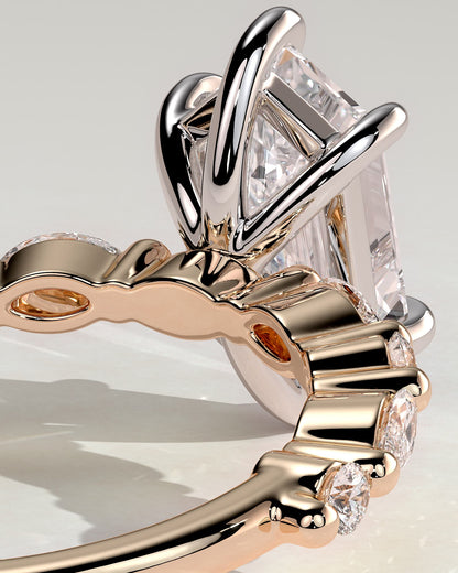 Agnes - Elongated Hexagon Claw Solitaire with Marquise and Round Accent Stones Engagement Ring - Rose Two-Tone - rose two-tone - Lara Jewels