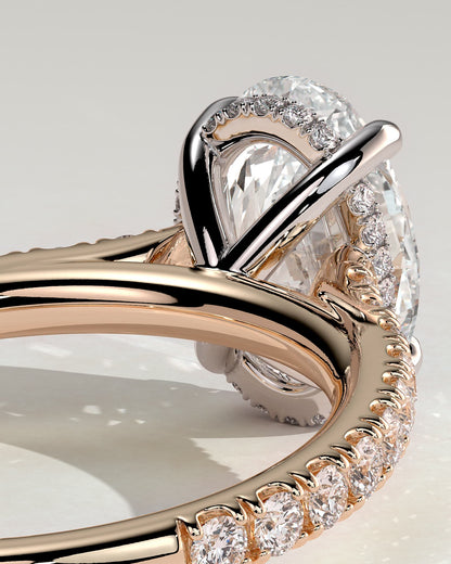 Julia - Oval Claw Solitaire with Hidden Halo, Pave Band and Cathedral High Setting Engagement Ring - Rose Two-Tone