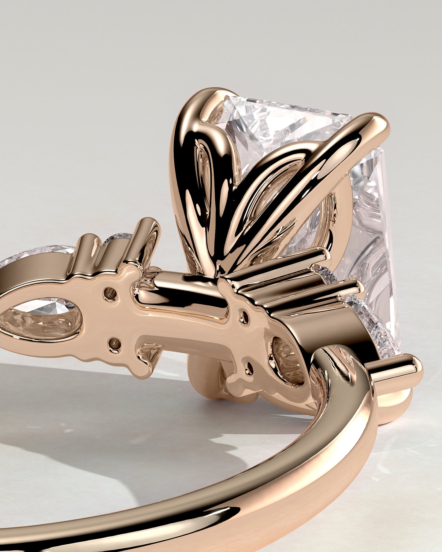 Heidi - Radiant Claw Solitaire with Pear Accents and Round Shoulder Stones Engagement Ring - Rose Gold - Rose Gold 2ct