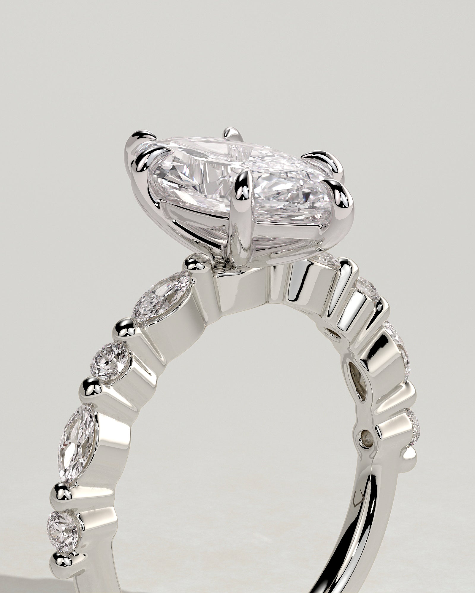 Beatrice - Marquise Claw Solitaire with Marquise and Round Accent Stones Engagement Ring - Platinum - White Gold / Platinum 2ct
