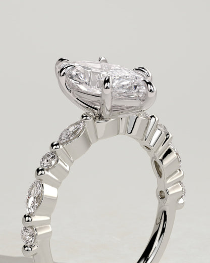 Beatrice - Marquise Claw Solitaire with Marquise and Round Accent Stones Engagement Ring - Platinum