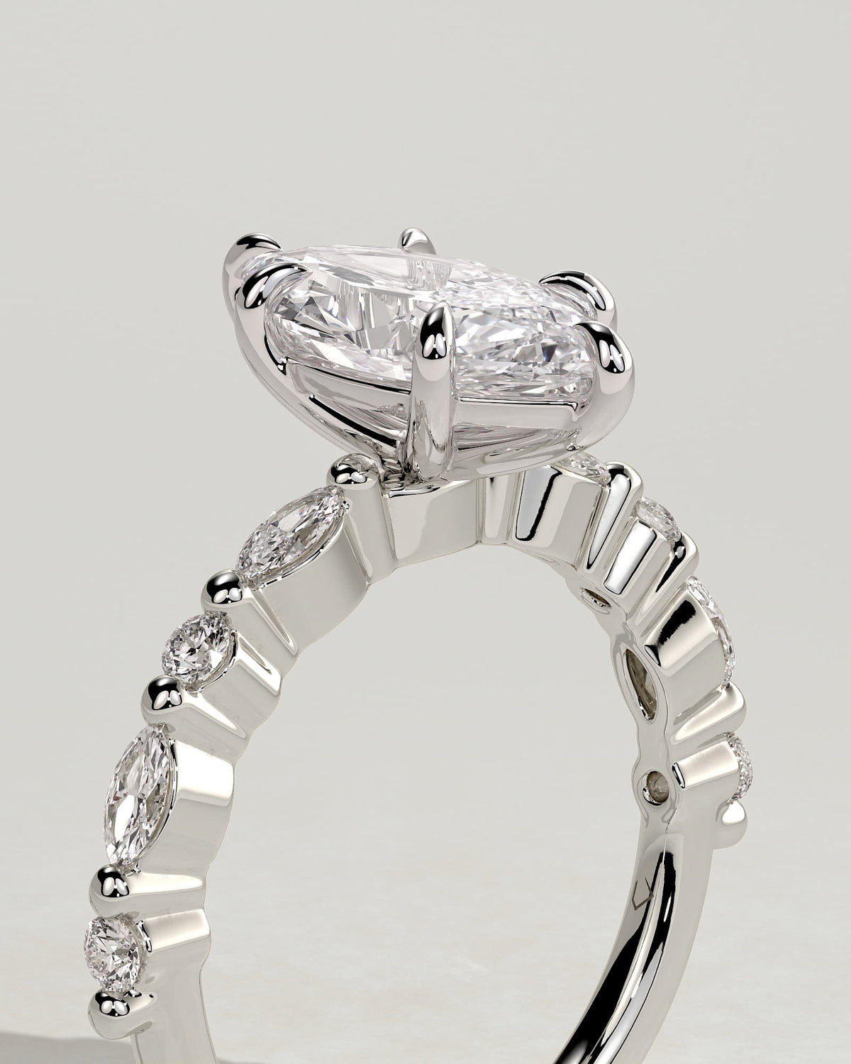 Beatrice - Marquise Claw Solitaire with Marquise and Round Accent Stones Engagement Ring - White Gold